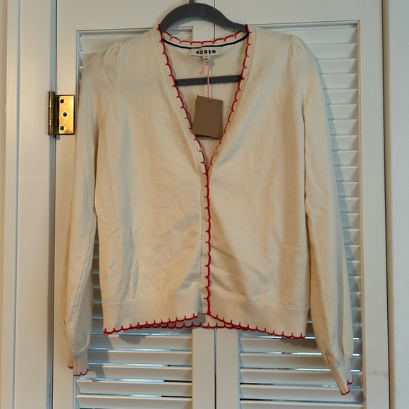 NWT BODEN Pru Scallop Trim Cardigan Cream Red Size XS V-Neck Cotton Blend - Picture 2 of 7